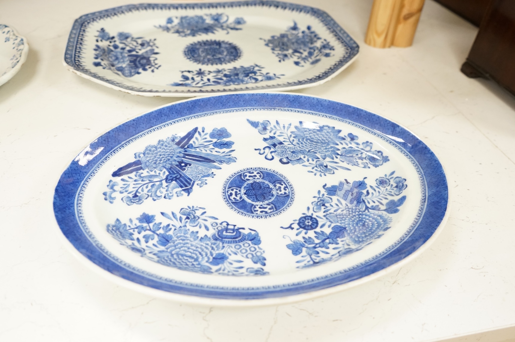 Two Chinese export blue and white meat dishes, early 19th century largest century, 37.5cm wide
